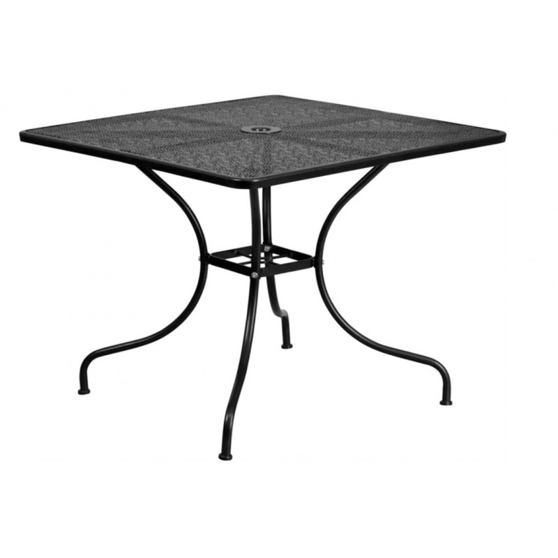 Table de patio carrée noire noire en acier avec trou pour parasol