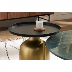 Table d'appoint design ronde en métal doré et plateau noir mat