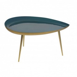 Table basse design en acier laqué bleu canard et doré L80 cm