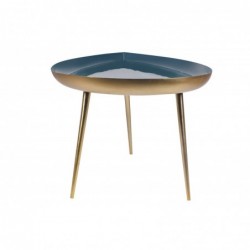 Table basse design en acier laqué bleu canard et doré L80 cm