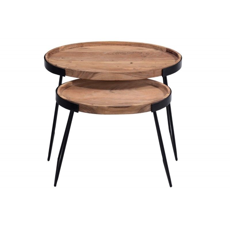 Tables basses gigognes bois massif et métal noir (lot de 2)