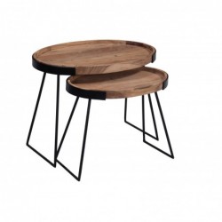 Tables basses gigognes bois massif et métal noir (lot de 2)