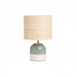 Lampe à poser verte en céramique et abat-jour en rabane H35 cm