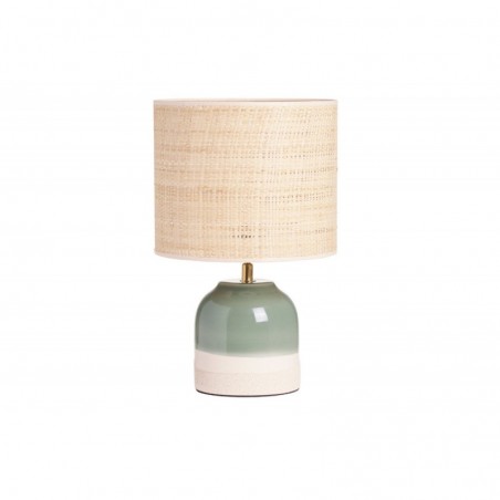 Lampe à poser verte en céramique et abat-jour en rabane H35 cm