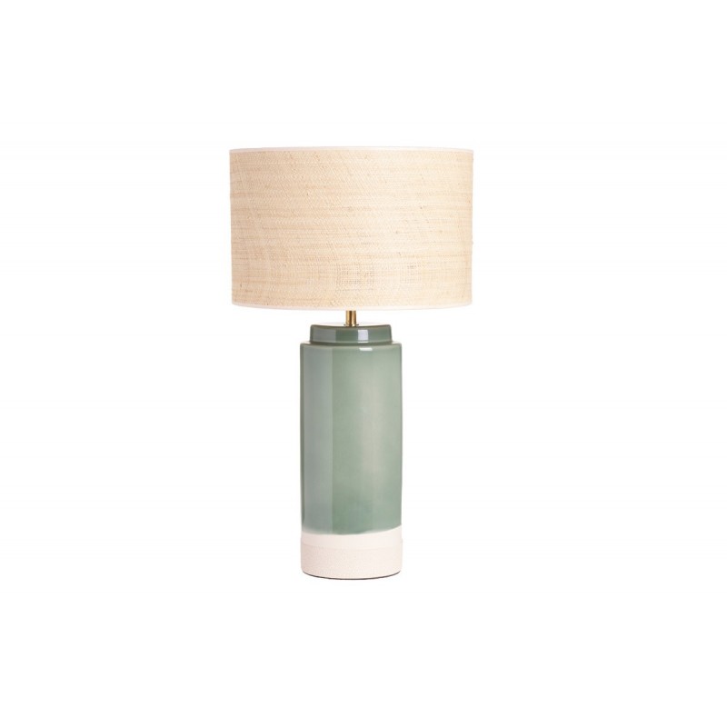 Lampe à poser verte en céramique et abat-jour en rabane H64 cm