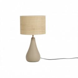 Lampe à poser taupe en céramique mate et abat-jour en raphia