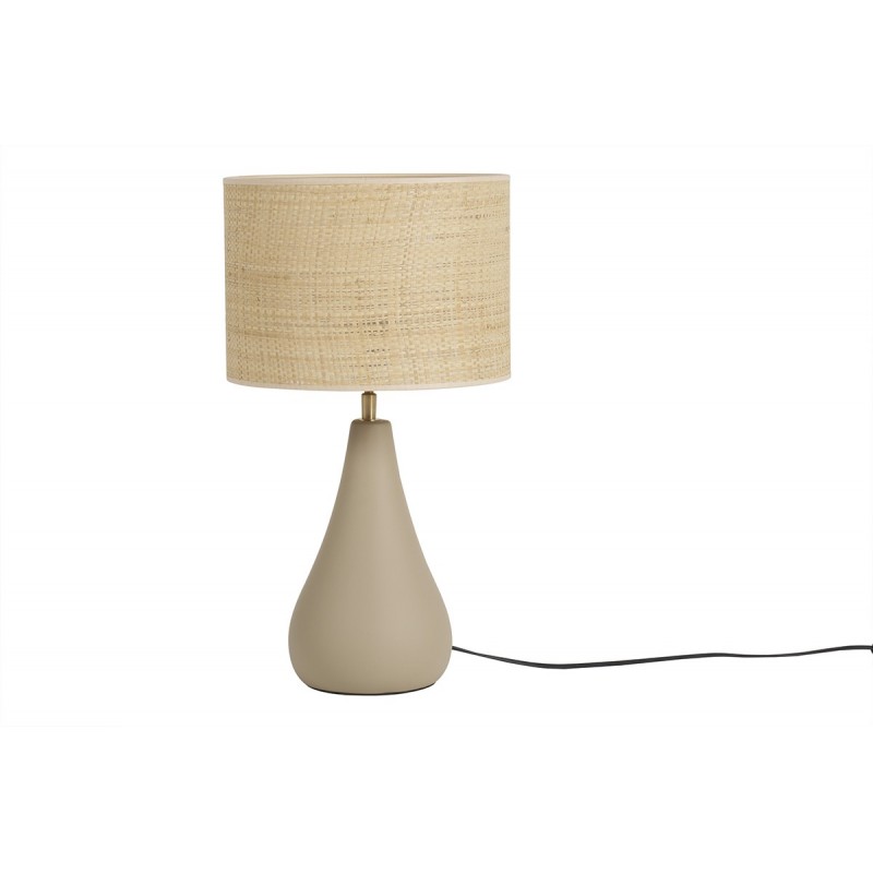 Lampe à poser taupe en céramique mate et abat-jour en raphia