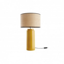 Lampe à poser en céramique émaillée jaune et abat-jour en raphia naturel