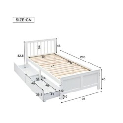 Lit 90 X 200 Cm 2 Tiroirs Et Sommier Inclus Blanc Et Bois