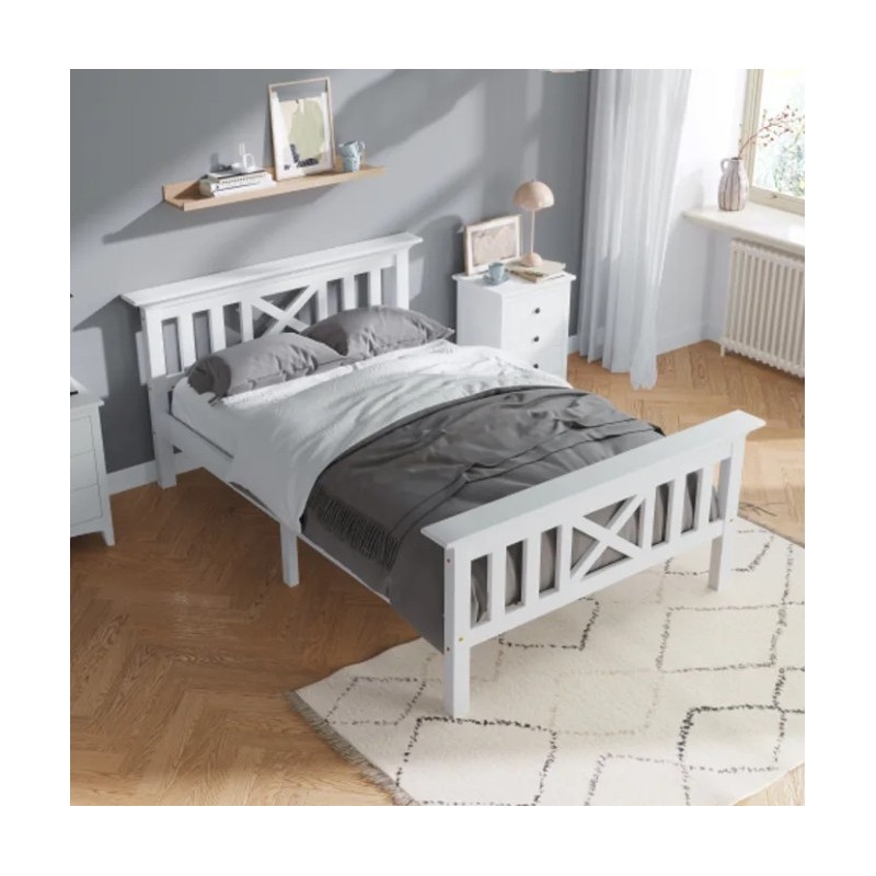 Lit simple avec sommier et tête de lit 90x200 lit d'ado en bois massif de pin, blanc