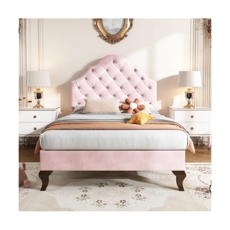 Lit 90 X 200 cm En Velours Rose Avec Tête De Lit Et Sommier