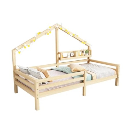 Lit Enfant Maison 90x200 Cm, Avec Étagère En Forme De Cheminée, Bois