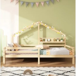 Lit Enfant Maison 90x200 Cm, Avec Étagère En Forme De Cheminée, Bois