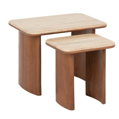 Lot de 2 tables basses "Jivan" Travertin, Bois, L.60/38 cm