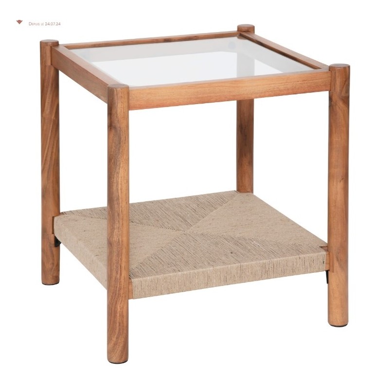 Table d'appoint Bois, Jute et verre, 50x50 cm