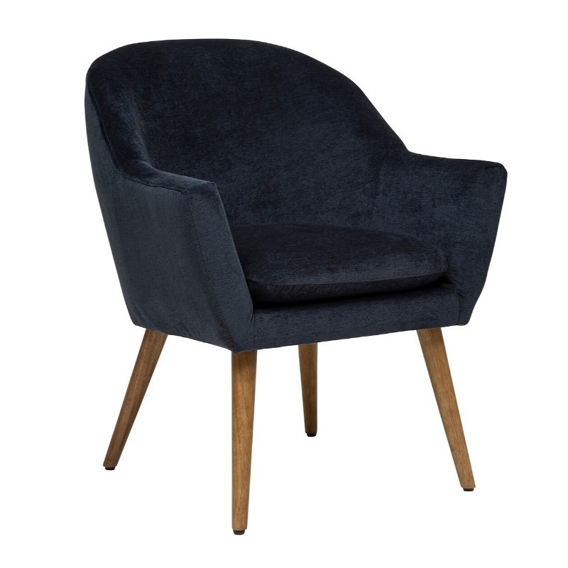 Fauteuil Velours, pieds en hévéa, bleu encre