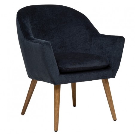 Fauteuil Velours, pieds en hévéa, bleu encre